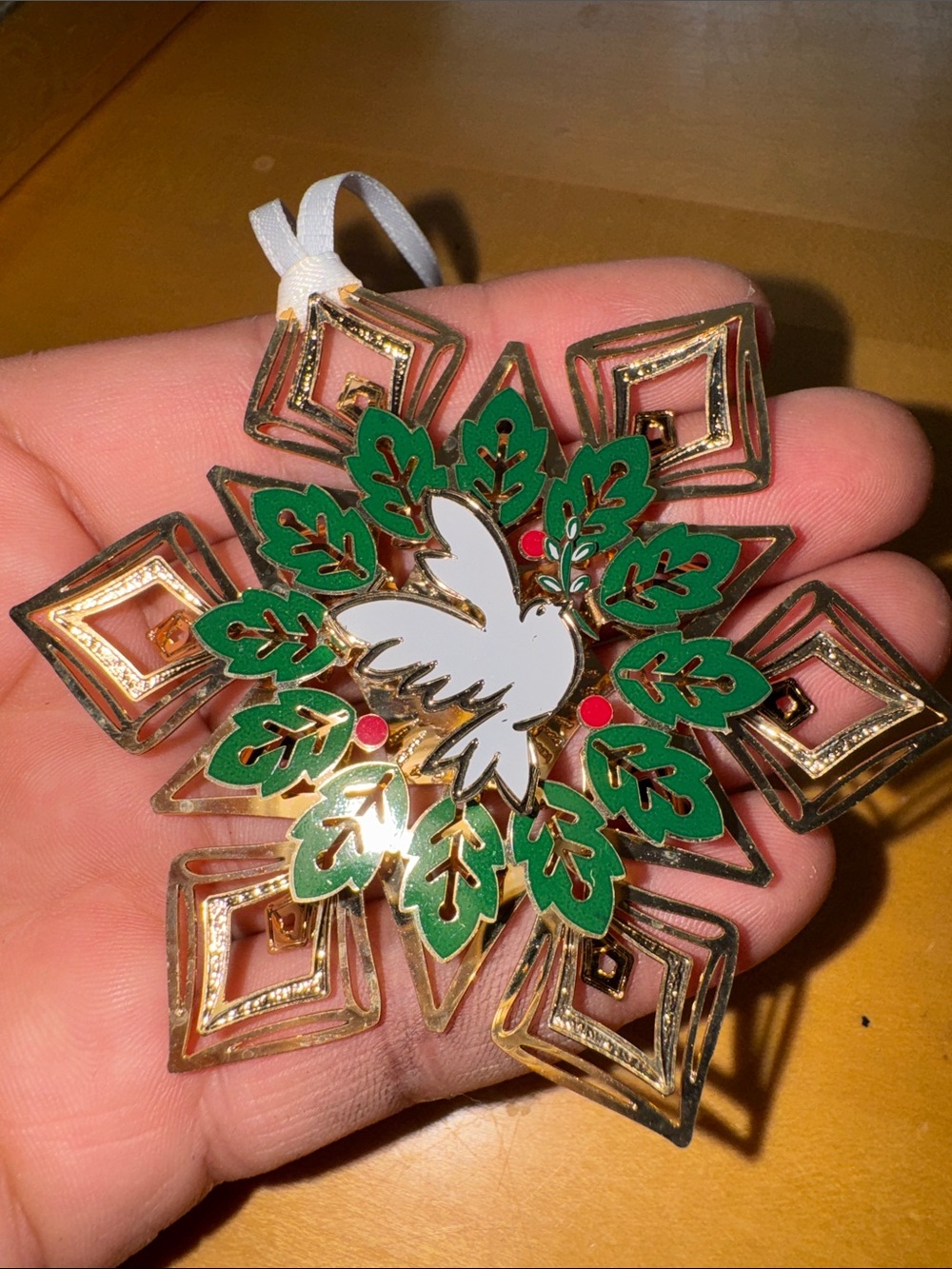 2 gold-finished decorative metal snowflake or floral ornaments made by ChemArt - Picture 5 of 15